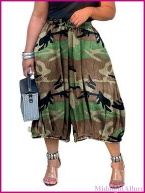 Women's Wide Leg Capri Cargo Jeans Harem Baggy High Rise Camo Denim Pants